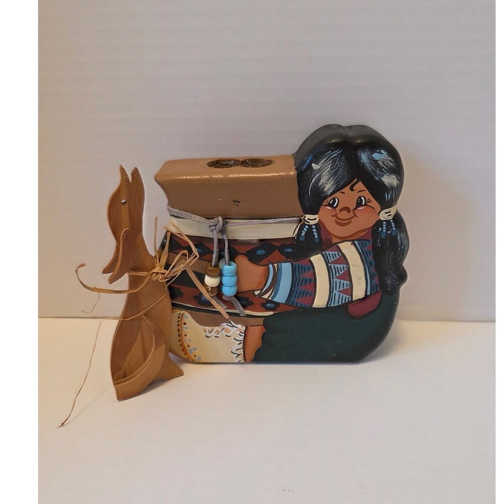 VTG Handpainted Wood Southwest Native American Girl Folk Art Wolf Candle Holder